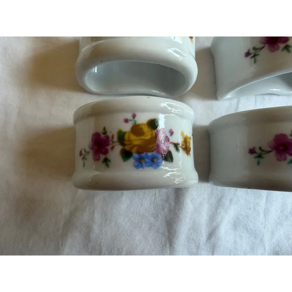 Vintage Genuine Porcelain Floral Napkin Rings D-Shape Set of 4 White Multicolor